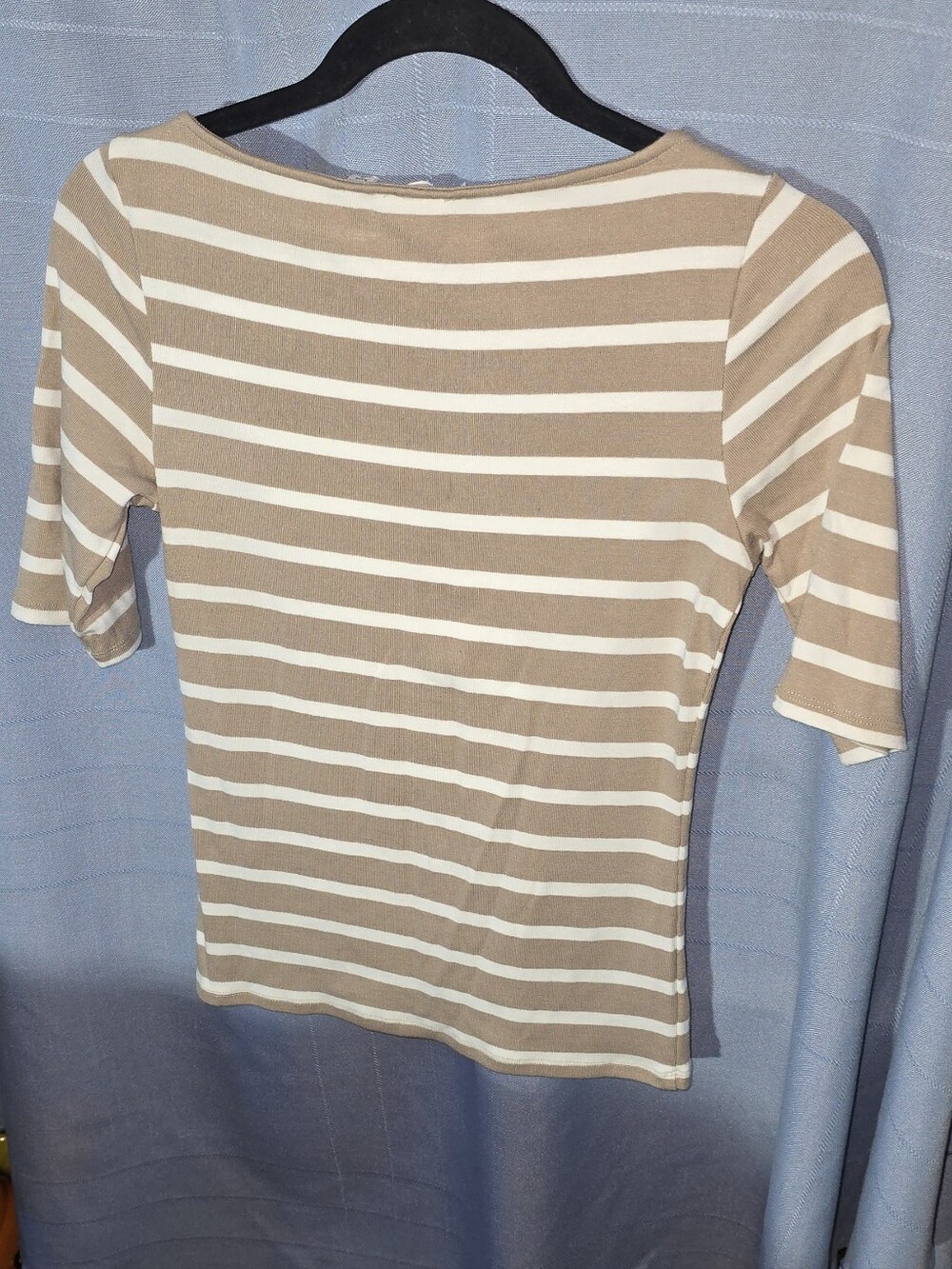 Cyrus Beige and White Striped Boatneck Short Sleeve Top - Picture 2 of 4